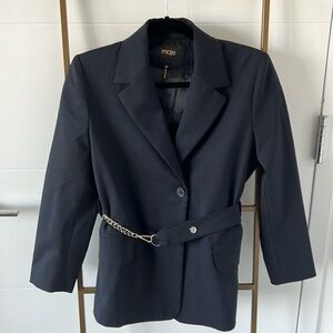 Maje deep navy blazer with silver chain belt, size 34 or XS